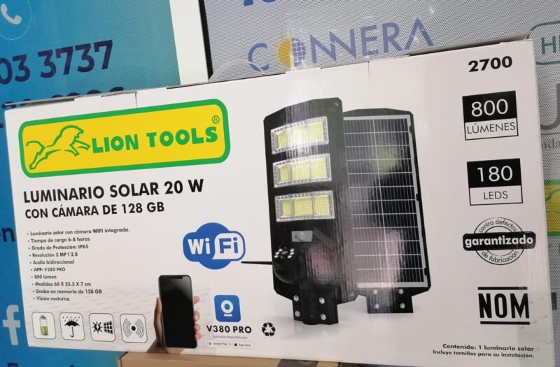 Luminario solar fijo 20 W con cámara de 128 Gb/ Wifi Marca Lion Tools (2700)