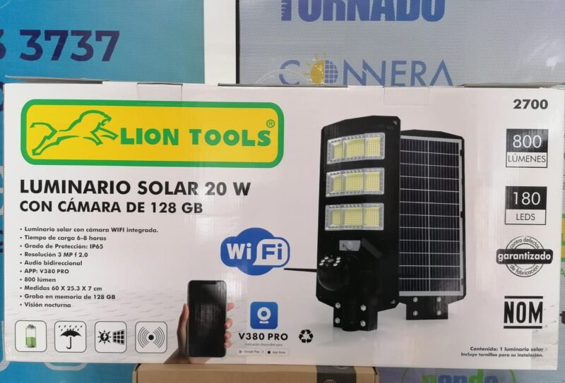 Luminario solar fijo 20 W con cámara de 128 Gb/ Wifi Marca Lion Tools (2700)