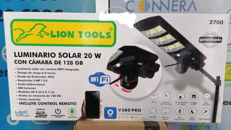 Luminario solar fijo 20 W con cámara de 128 Gb/ Wifi Marca Lion Tools (2700)