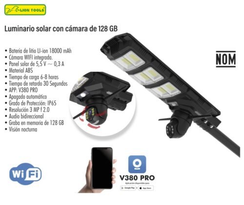Luminario solar fijo 20 W con cámara de 128 Gb/ Wifi Marca Lion Tools (2700)