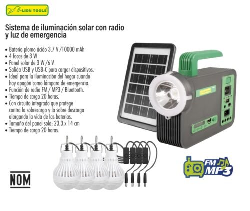 Kit Sistema de iluminación solar con radio y luz de emergencia 3 W Marca Lion Tools (2703)