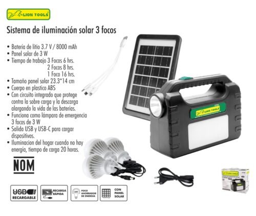 Kit Sistema de iluminación solar de 9 W 3 focos Marca Lion Tools (2702)