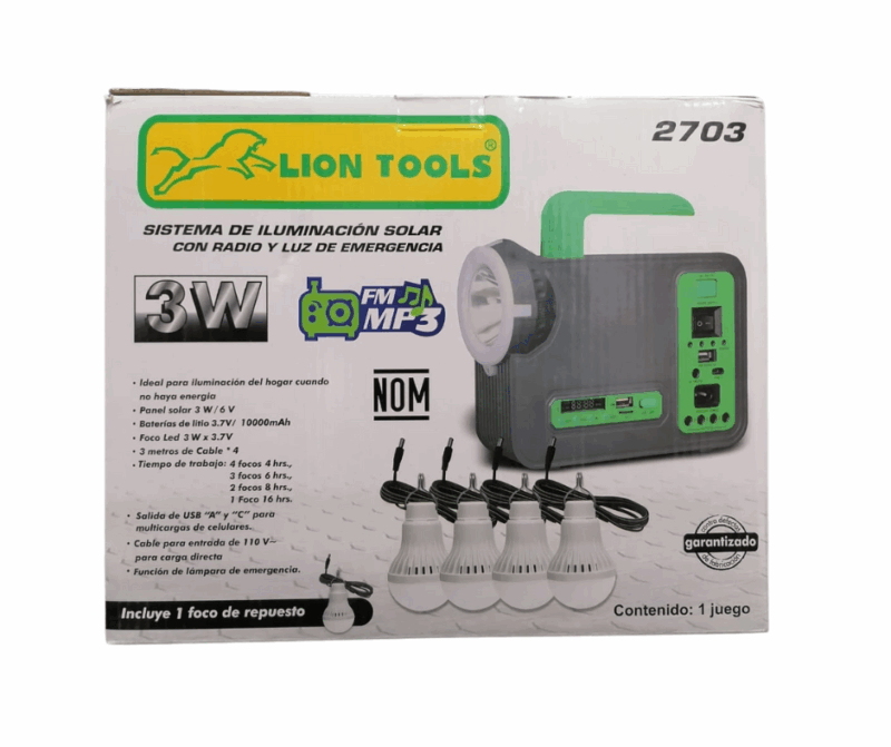 Kit Sistema de iluminación solar con radio y luz de emergencia 3 W Marca Lion Tools (2703)
