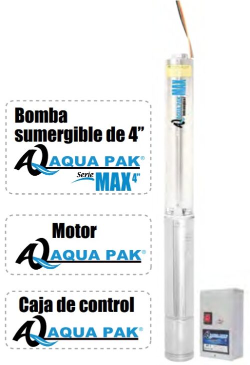 Bomba, Motor y Caja de control. Motobomba sumergible 1/2 HP de 4". Modelos de mayor flujo (MAX05-F/11153H)
