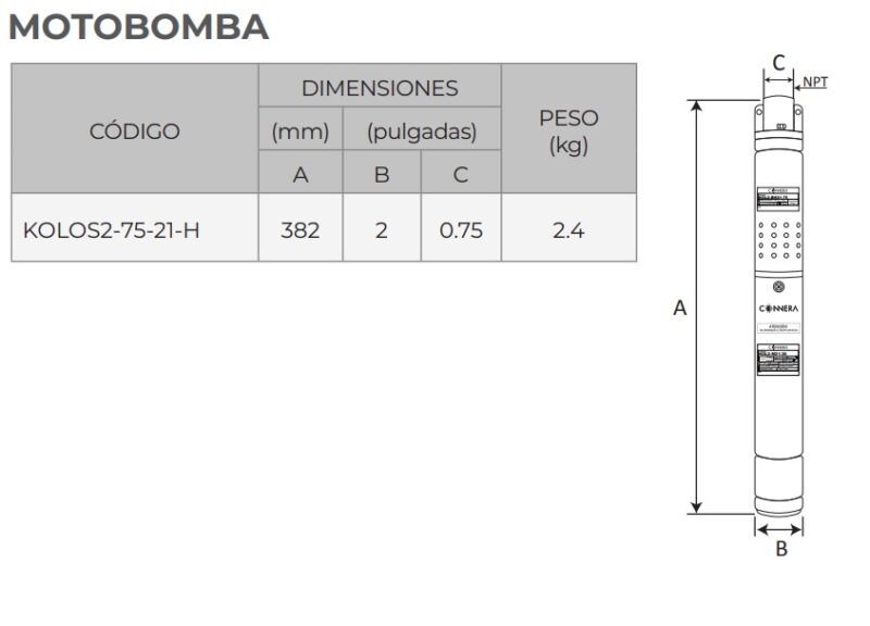 Motobomba solar sumergible Diámetro nominal: 2" Potencia de la motobomba: 210 watts Máximo voltaje de entrada: 60 VCC (KOLOS2-75-21-H)