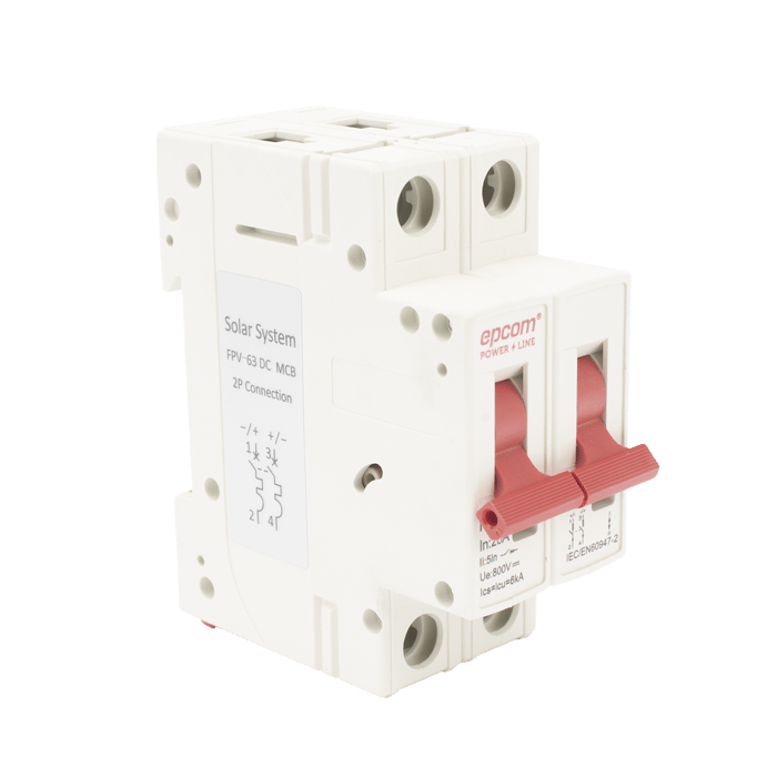 Protección Térmica/ Interruptor 2P, 20 A, Corriente Directa 800 Vcc para Aplicación Fotovoltaica Montaje Riel DIN EPCOM(FPV632PC20)